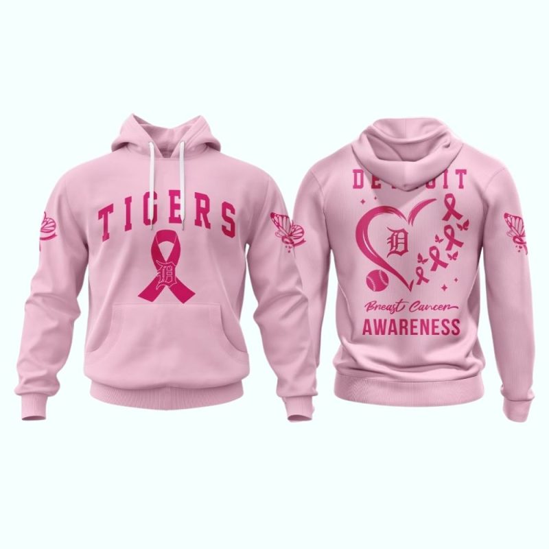Detroit Tigers Pink Breast Cancer Awareness All Over Print Hoodie 1