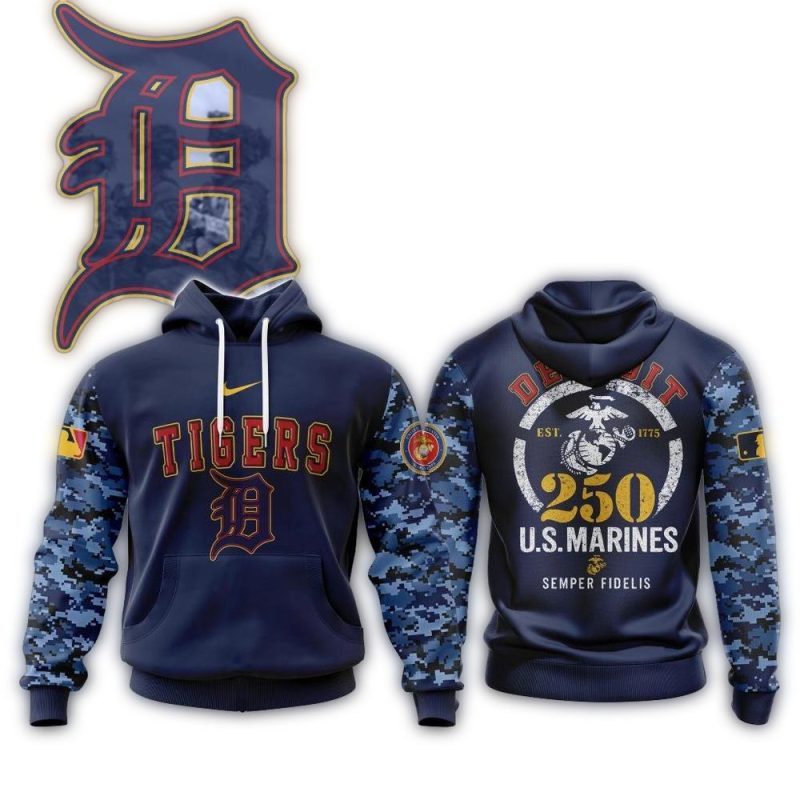 Detroit Tigers USMC 250th Birthday All Over Print Hoodie 1