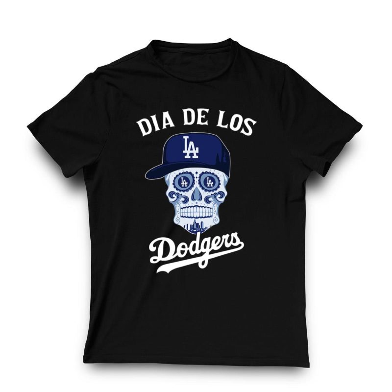 Dia De Los Dodgers Halloween Sugar Skull T-Shirt for Festive Fans - Image 3
