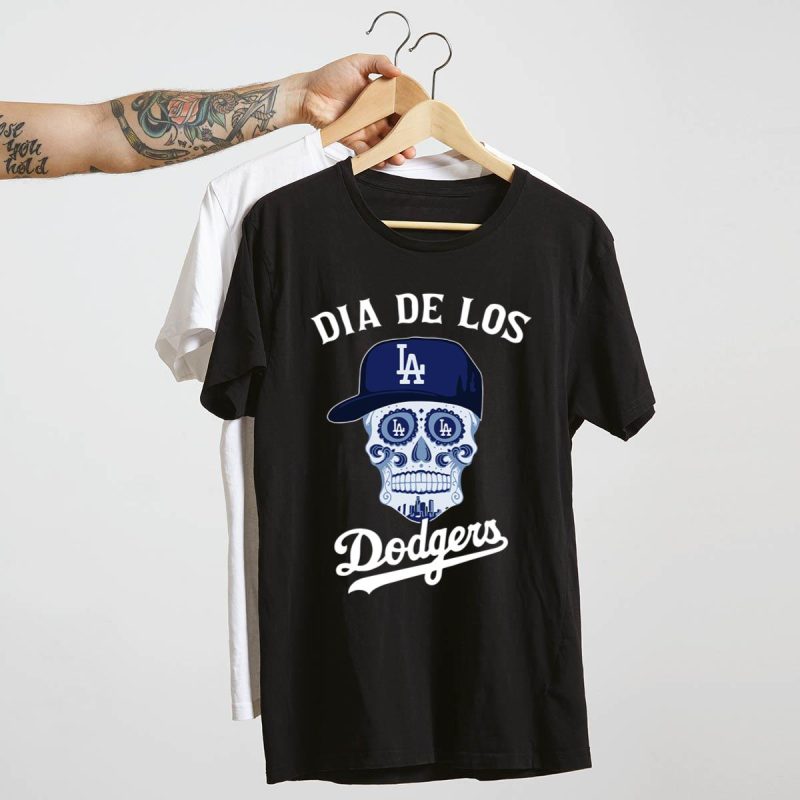Dia De Los Dodgers Halloween Sugar Skull T-Shirt for Festive Fans - Image 4