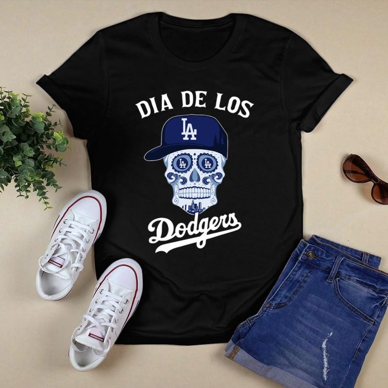Dia De Los Dodgers Halloween Sugar Skull T-Shirt for Festive Fans - Image 5
