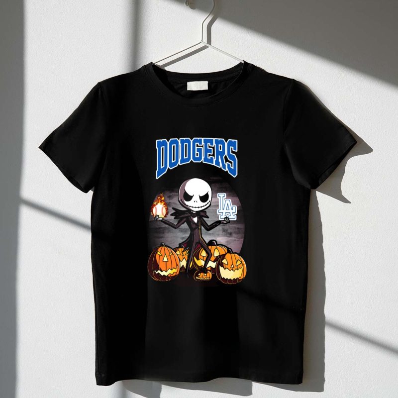 Dodgers Jack Skellington Halloween with LA Logo and Pumpkins T Shirt.jpeg t shirt 1 1