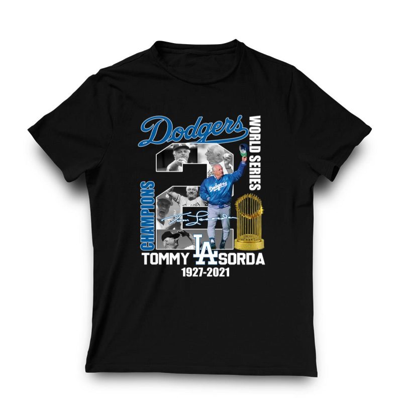 Dodgers World Series Champions Tommy Lasorda Signature T-Shirt 1927-2021 - Image 3