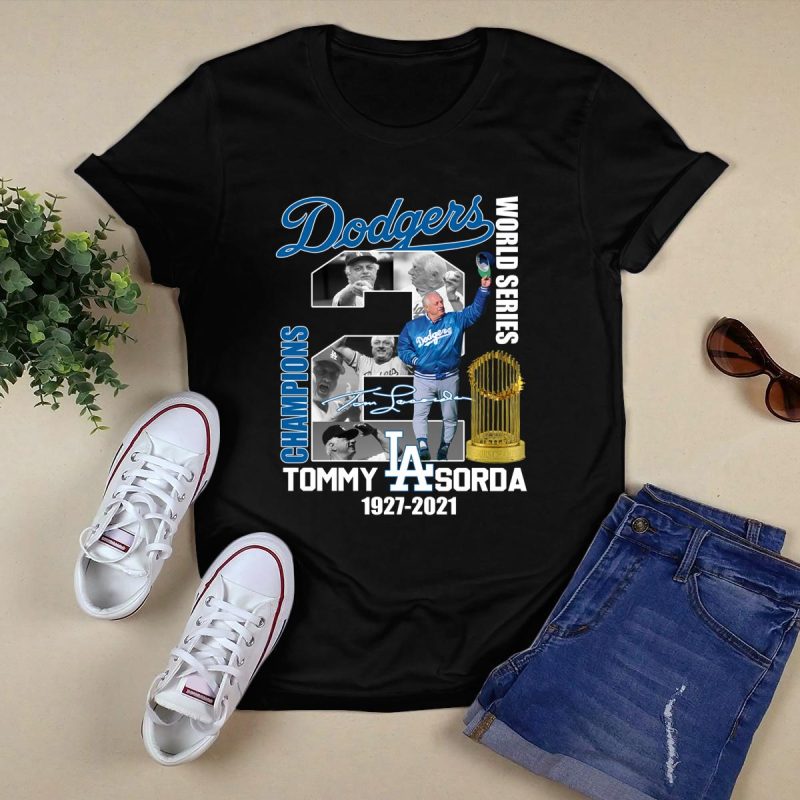 Dodgers World Series Champions Tommy Lasorda Signature T-Shirt 1927-2021 - Image 5