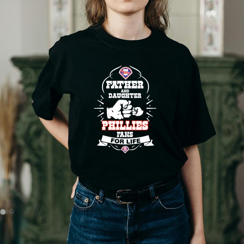 Father and Daughter Phillies Fans Forever T-Shirt with Philly Fists Design - Image 2