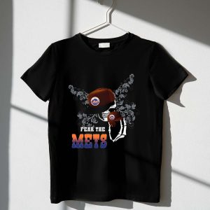 Skeleton Wearing Baseball Cap New York Mets T-Shirt - Fear The Team!