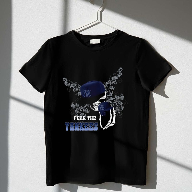 Fear The Yankees Skull and Skeleton Holding Cap T Shirt t shirt 1 1