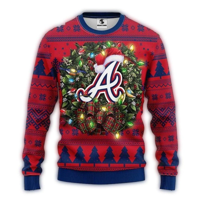 Festive Atlanta Braves Logo Wreath Ugly Christmas Sweater 1