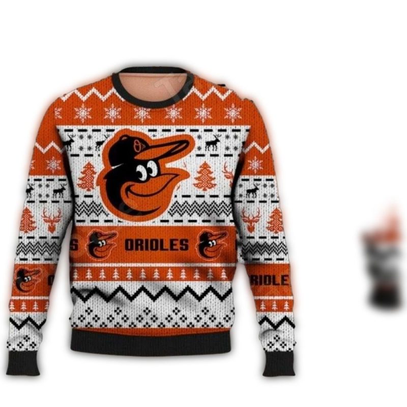 Festive Deer And Snowflakes Pattern Baltimore Orioles Ugly Sweater 1
