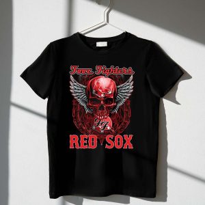 Fooz Fighters Boston Red Sox Skull Wings Chains Graphic T-Shirt