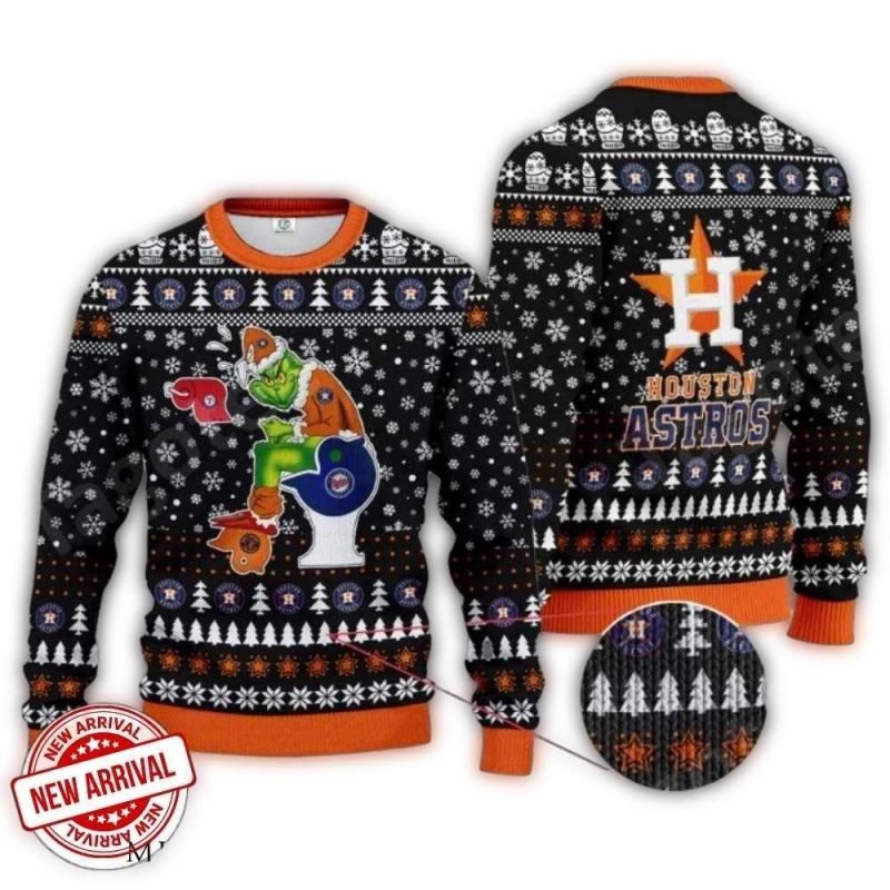 Funny Houston Astros Grinch Sitting On Toilet Ugly Sweater 1