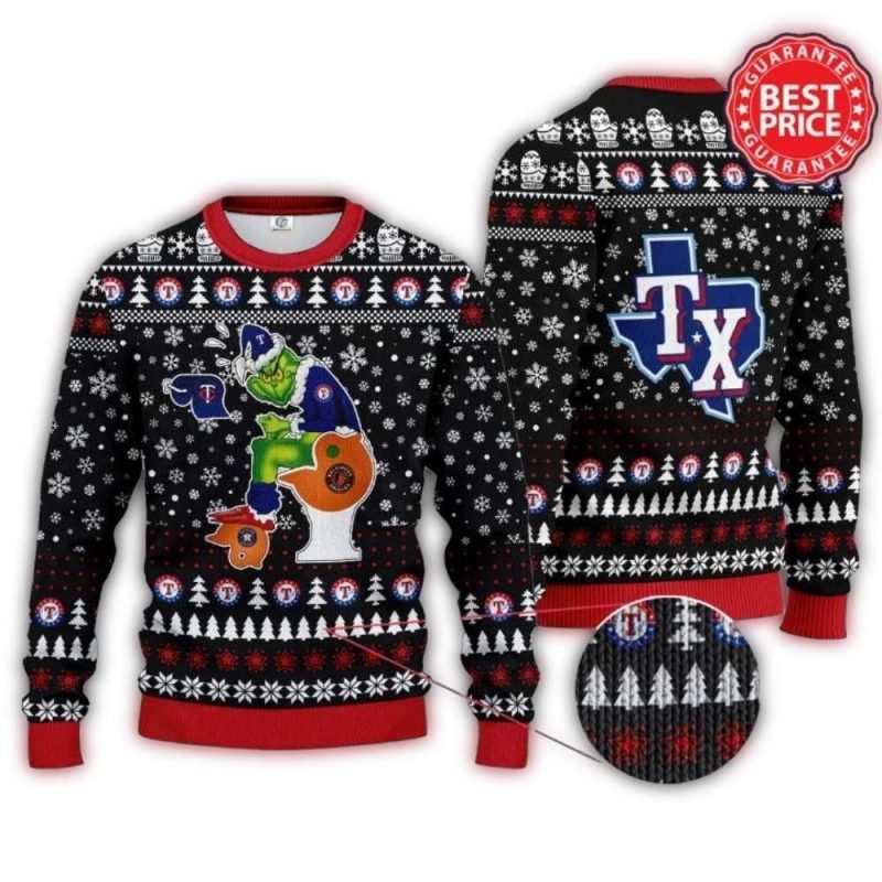 Funny Texas Rangers Grinch Toilet Black Christmas Ugly Sweater 1