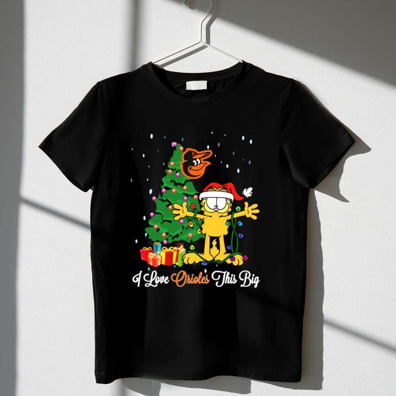 Garfield Christmas Love for Baltimore Orioles with Tree and Presents T Shirt t shirt 1 1