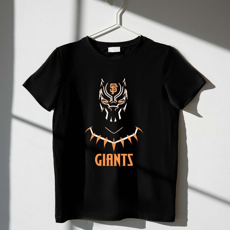 Giants Fan Design Featuring Black Panther Iconic Mask and San Francisco Giants T Shirt t shirt 1 1