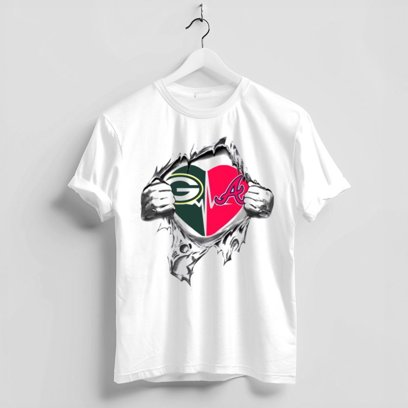 Green Bay Packers & Atlanta Braves Heart Hands T-Shirt For Fans - Image 4