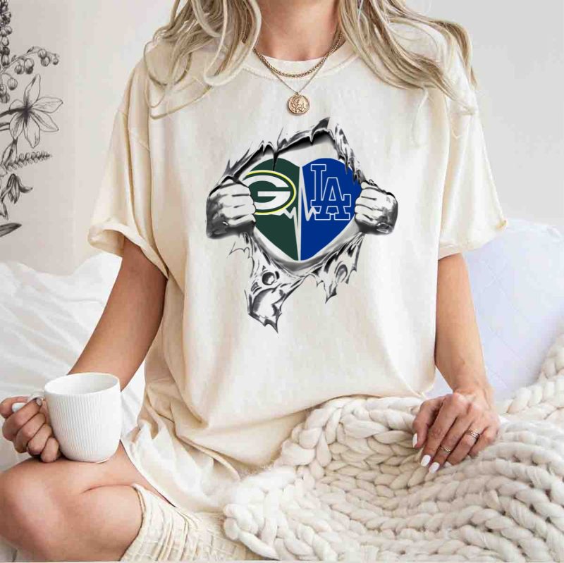 Green Bay Packers Heart Los Angeles Dodgers Heart Logo Fan Mascot T Shirt.jpeg t shirt 1 1