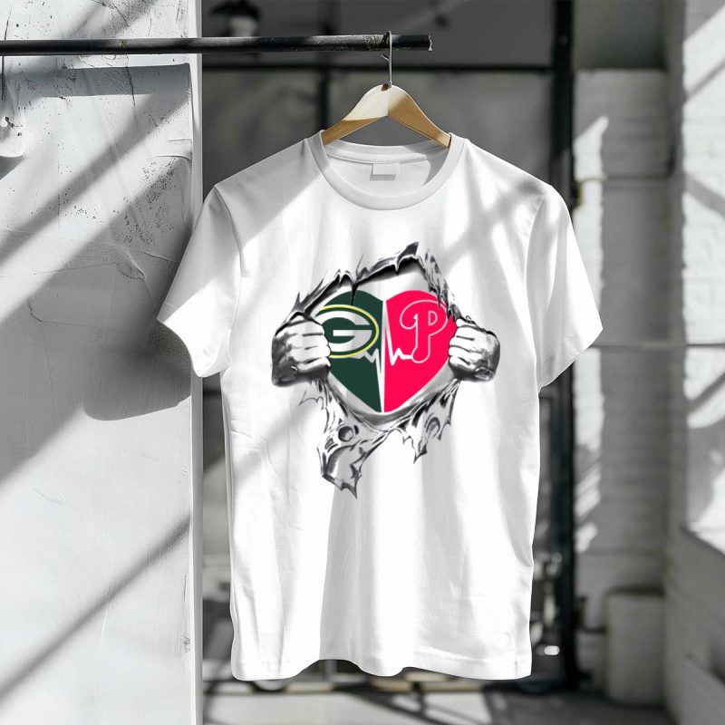 Green Bay Packers Heartbeat T-Shirt | Philadelphia Phillies Fan Tee Shirt - Image 3
