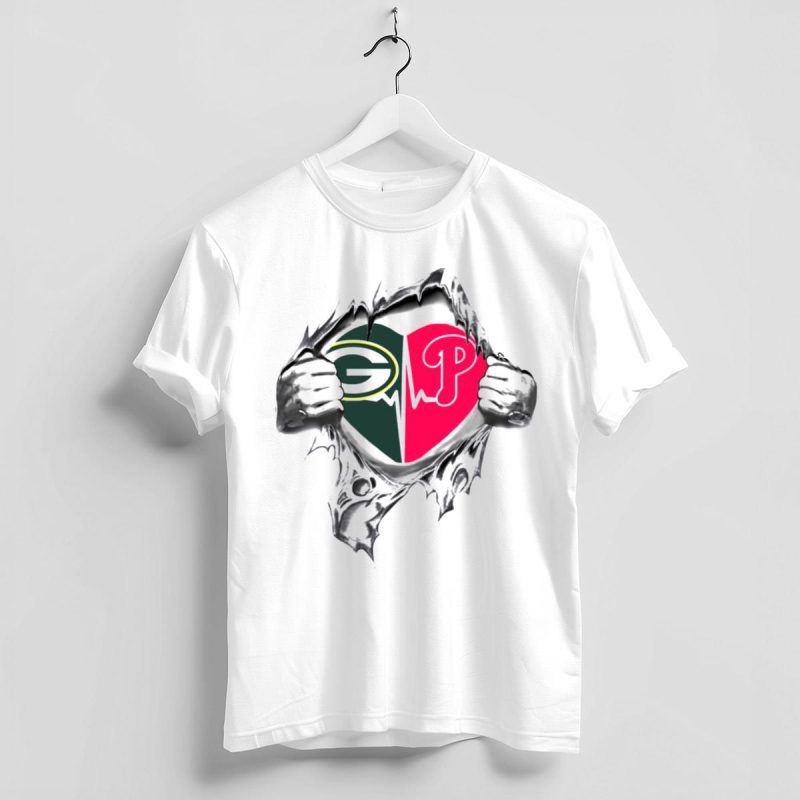 Green Bay Packers Heartbeat T-Shirt | Philadelphia Phillies Fan Tee Shirt - Image 4