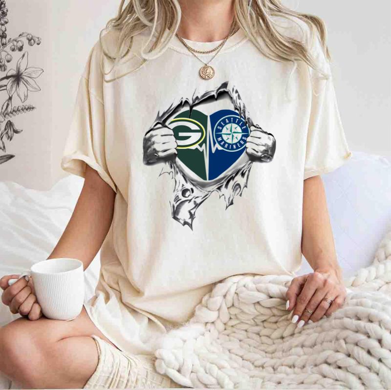 Green Bay Packers Seattle Mariners Heart Torn Fabric T Shirt t shirt 1 1