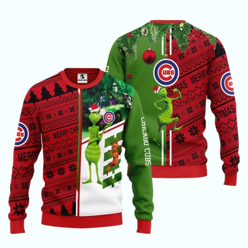 Grinch Hold Logo Chicago Cubs Merry Christmas Ugly Sweater - Image 3