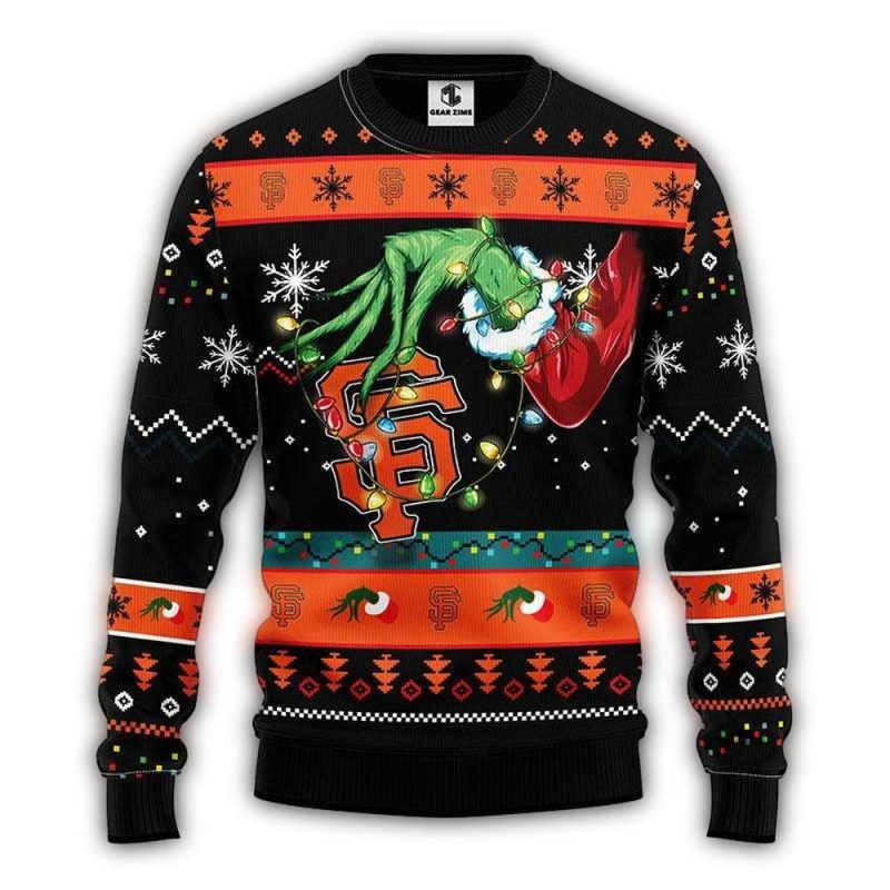 Grinch Hold Logo San Francisco Giants Light Christmas Ugly Sweater 1