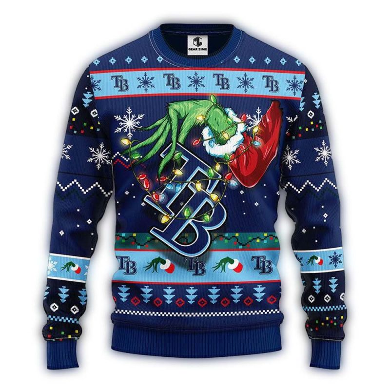 Grinch Hold Logo Tampa Bay Rays Christmas Light Ugly Sweater 1