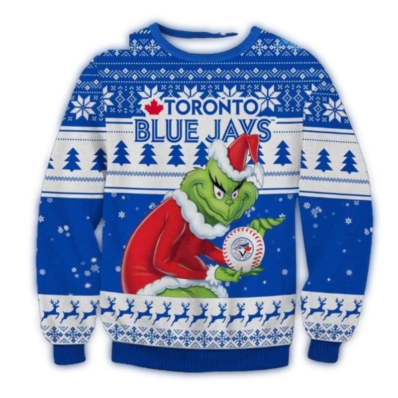 Grinch Holding Baseball Toronto Blue Jays Christmas Ugly Sweater 1