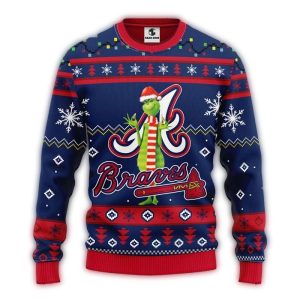 Atlanta Braves Christmas Ugly Sweater With Grinch In Scarf Design