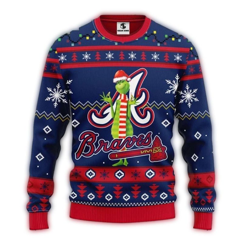 Grinch In Scarf Atlanta Braves Ugly Christmas Sweater 1