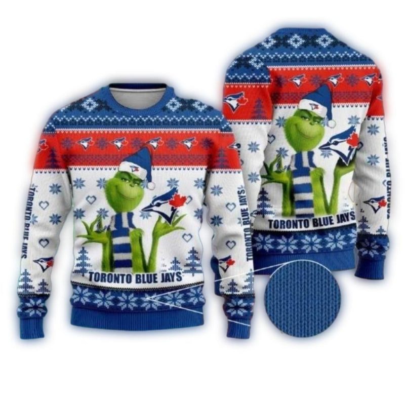 Grinch In Scarf Toronto Blue Jays Christmas Ugly Sweater 1