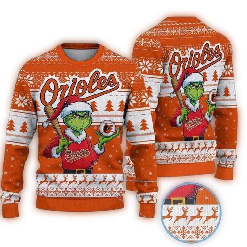 Grinch Play Baseball For Baltimore Orioles Ugly Sweater 1