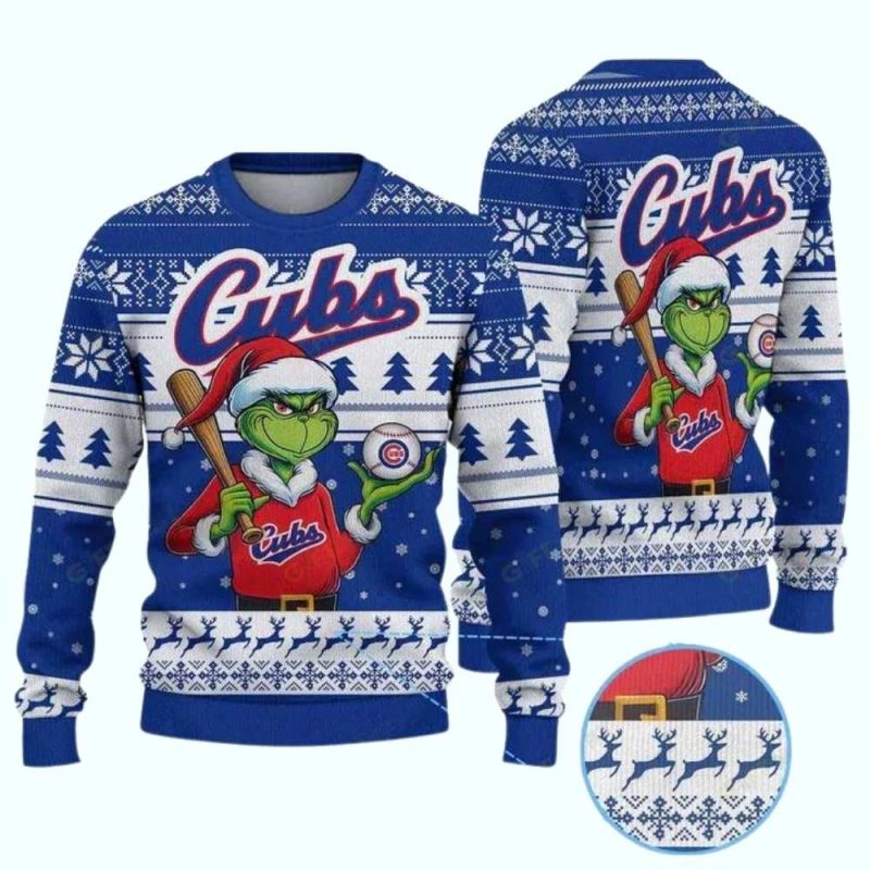 Grinch Play Baseball For Chicago Cubs Merry Christmas Ugly Sweater