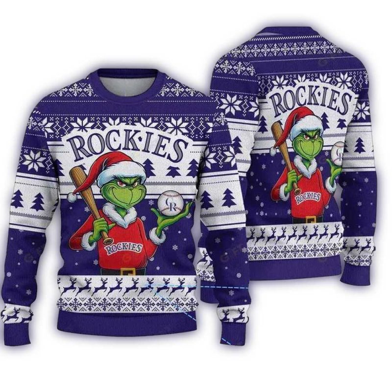 Grinch Play Baseball For Colorado Rockies Christmas Ugly Sweater 1