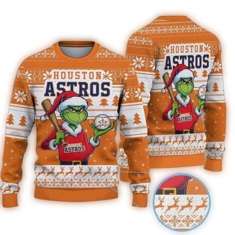 Grinch Play Baseball For Houston Astros Ugly Sweater 1