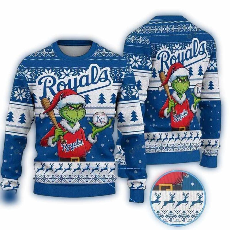 Grinch Play Baseball For Kansas City Royals Christmas Ugly Sweater 1