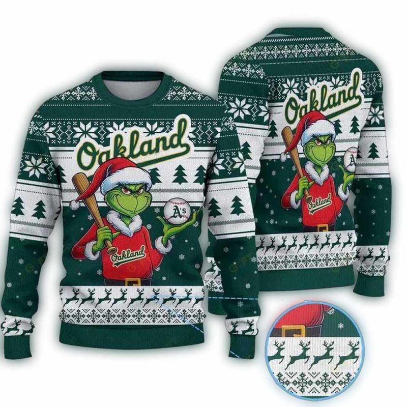Grinch Play Baseball For Oakland Athletics Christmas Ugly Sweater 1