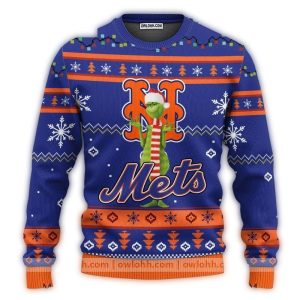 Grinch Christmas Ugly Sweater With Mets Logo And Santa Hat Design