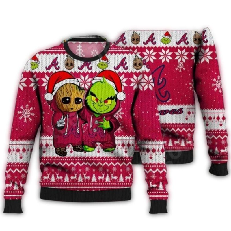 Groot And Grinch Duo Atlanta Braves Ugly Christmas Sweater 1