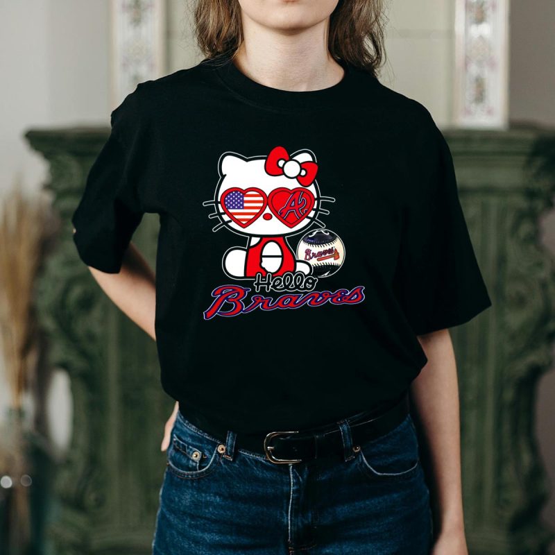 Patriotic Hello Kitty Braves Heart Baseball T-Shirt For Fans - Image 2