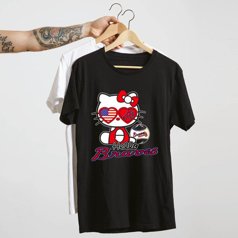 Patriotic Hello Kitty Braves Heart Baseball T-Shirt For Fans - Image 4