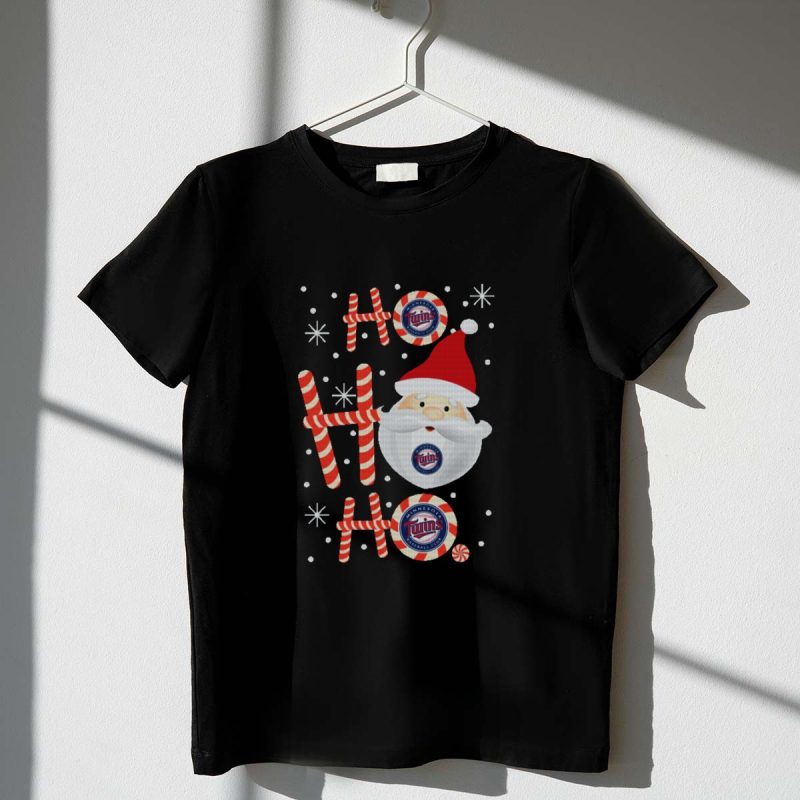 Ho Ho Ho Merry Xmas for Minnesota Twins Baseball Fans with Santa and Candy Cane T Shirt t shirt 1 1
