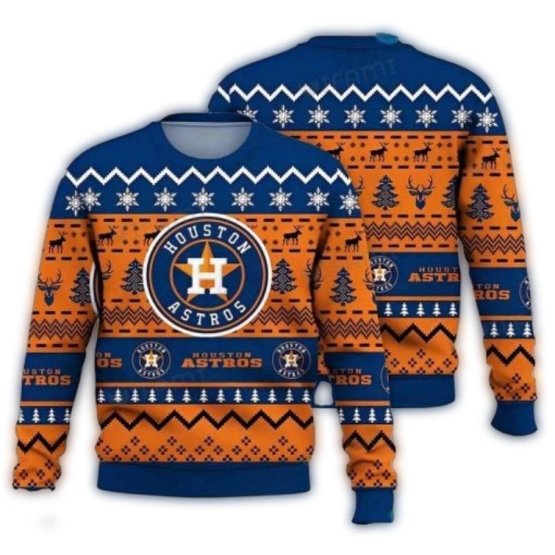 Houston Astros Orange And Blue Reindeer Pattern Ugly Sweater 1