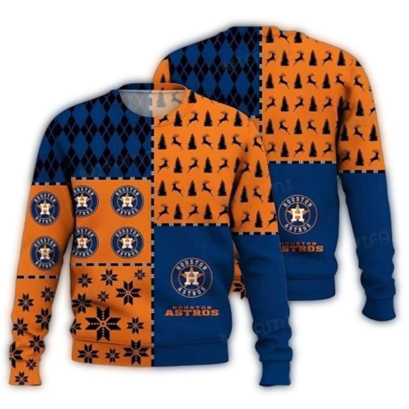 Houston Astros Patchwork Snowflake And Trees Ugly Sweater 1