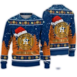 Houston Astros Winter Forest Ugly Sweater With Santa Hat Design