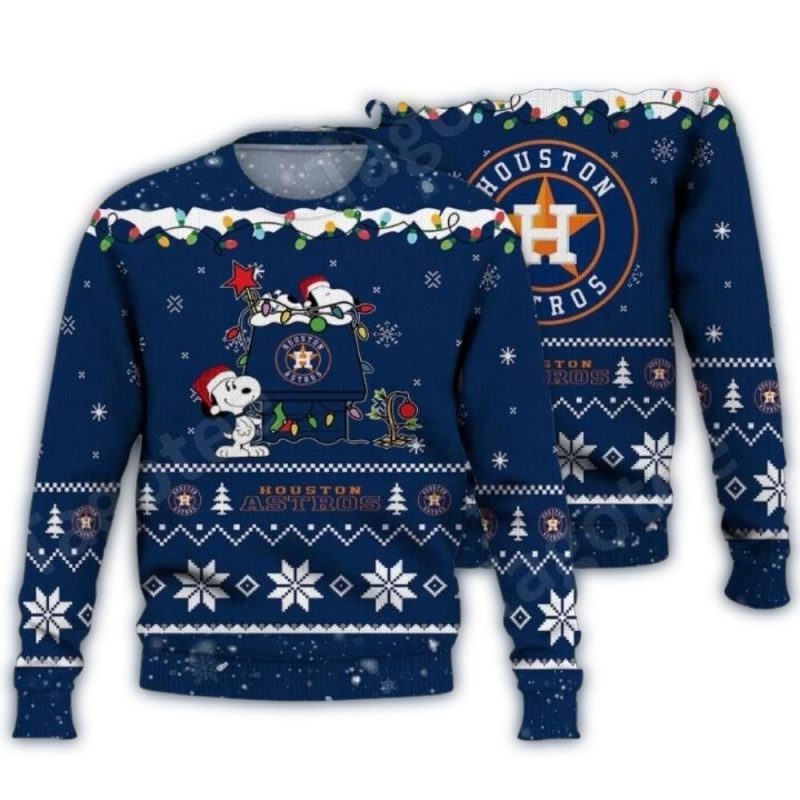 Houston Astros Snoopy Christmas Lights Festive Ugly Sweater 1