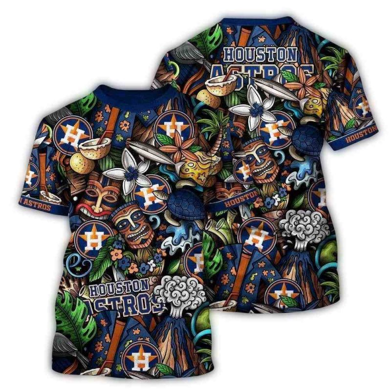 Houston Astros Tiki Floral Pattern Tropical All over Print T Shirt 1