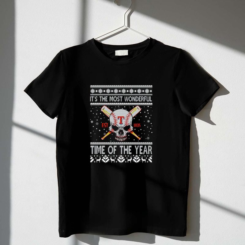 Its The Most Wonderful Time Of The Year Texas Rangers Skull Ugly Christmas T Shirt t shirt 1 1