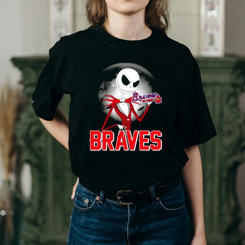 Jack Skellington Halloween T-Shirt With Atlanta Baseball Moon & Bats - Image 2
