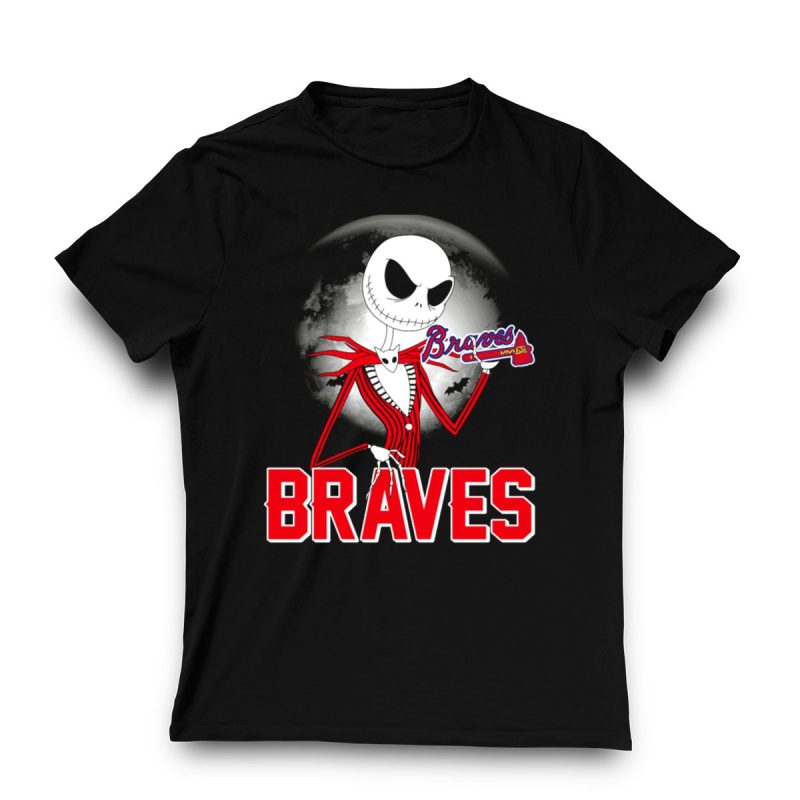 Jack Skellington Halloween T-Shirt With Atlanta Baseball Moon & Bats - Image 3