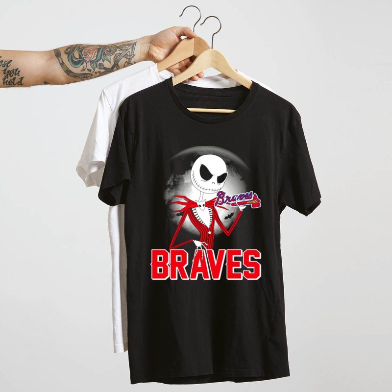 Jack Skellington Halloween T-Shirt With Atlanta Baseball Moon & Bats - Image 4